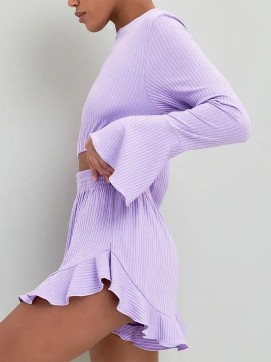 Round Neck Long Sleeve Top and Ruffled Shorts Set